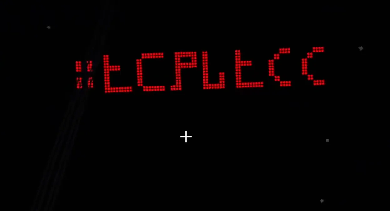 Послание «RECKLESS. NO CONSENSUS. SELECT ONE. NEGOTIATE» красными блоками в небе · MineShield Wiki